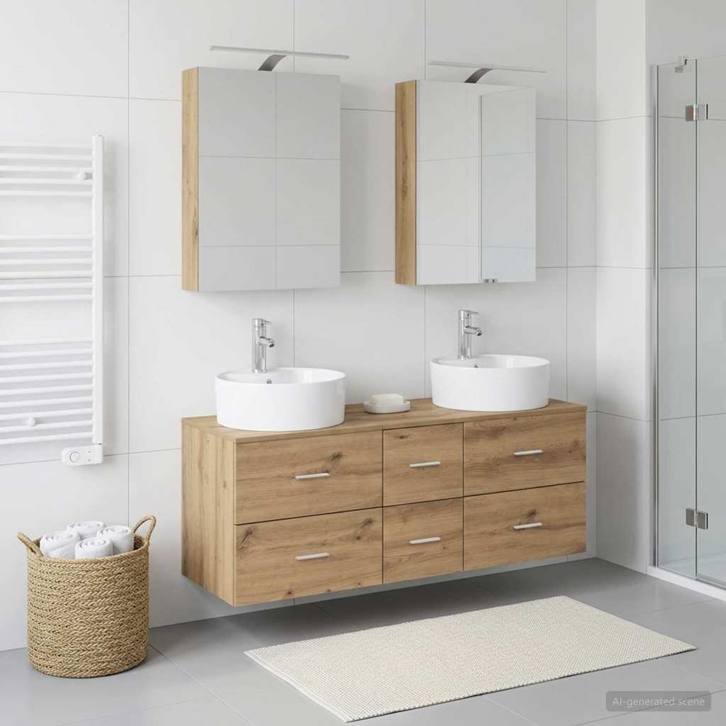 Badkamermeubelset 5 st Artisanaal eiken Bewerkt hout en glas is nu te koop bij PeponiXL, paradijselijk wonen!