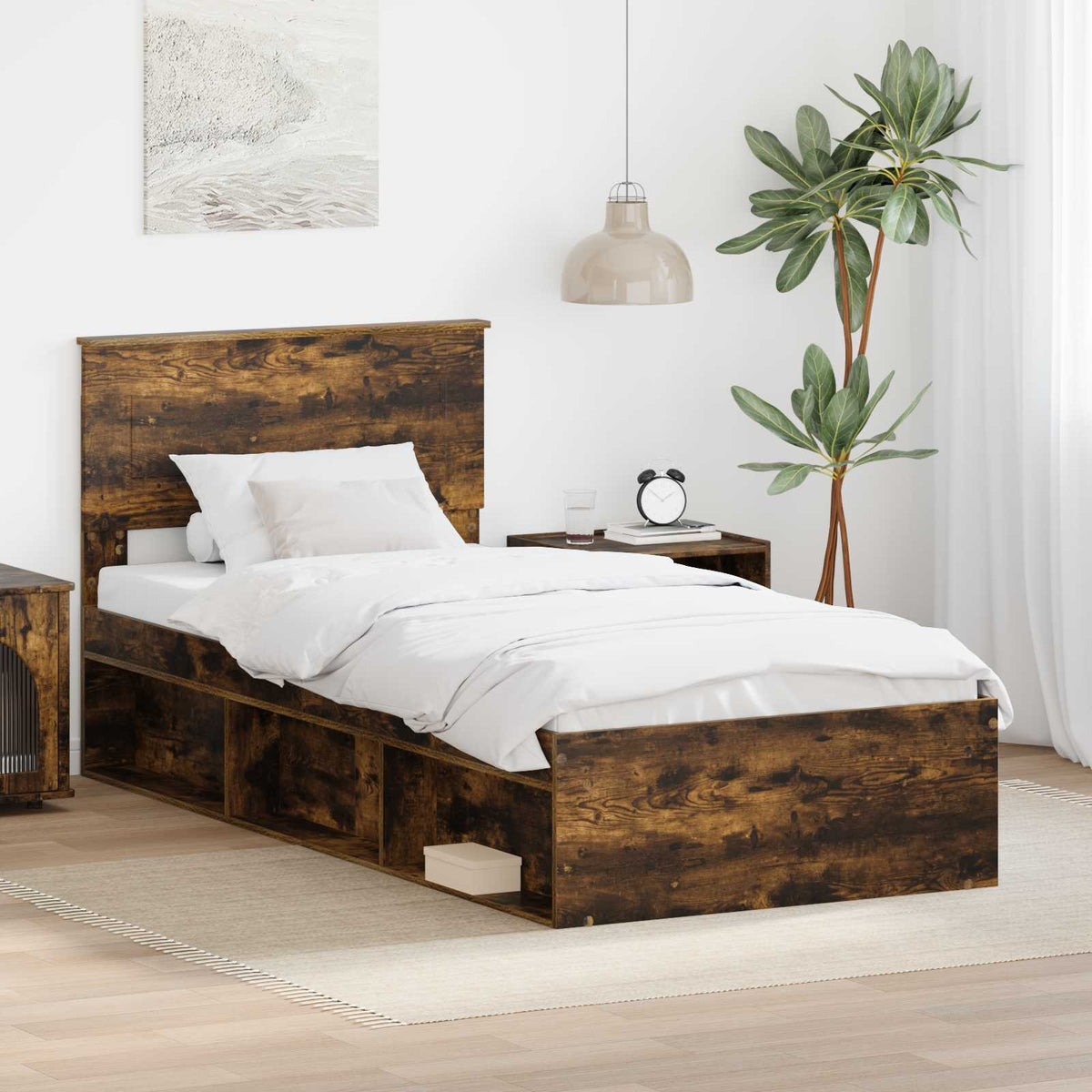 Bedframe met hoofdeinde Gerookt eiken 90 x 200 cm Bewerkt hout is nu te koop bij PeponiXL, paradijselijk wonen!