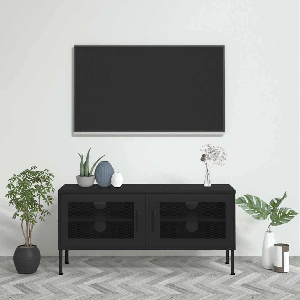 Tv-meubel 105x35x50 cm staal zwart is nu te koop bij PeponiXL, paradijselijk wonen!