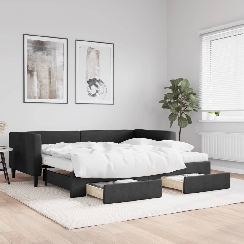 Slaapbank met onderschuifbed en lades 90x190 cm stof zwart is nu te koop bij PeponiXL, paradijselijk wonen!