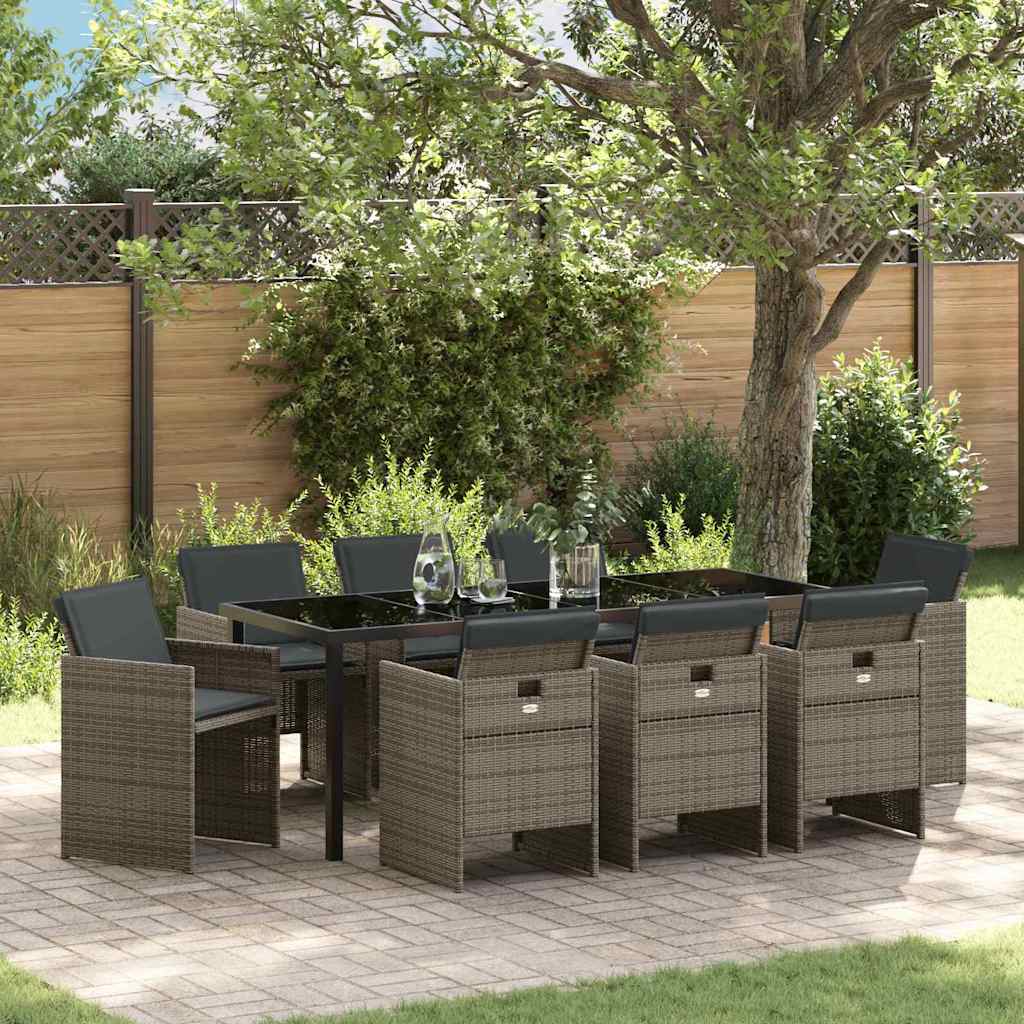 Tuin eettafelset met kussen 9 pcs Grijs poly rattan is nu te koop bij PeponiXL, paradijselijk wonen!
