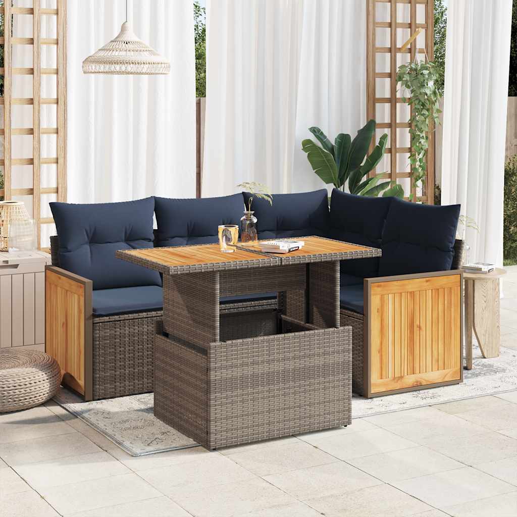 5-delige Loungeset met kussens poly rattan acacia grijs is nu te koop bij PeponiXL, paradijselijk wonen!