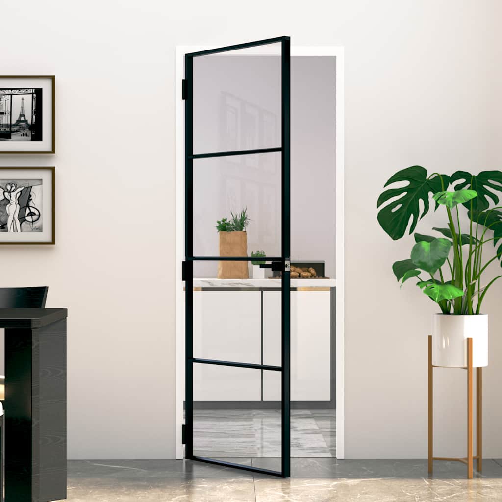 Binnendeur 76x201,5 cm gehard glas en aluminium smal zwart is nu te koop bij PeponiXL, paradijselijk wonen!