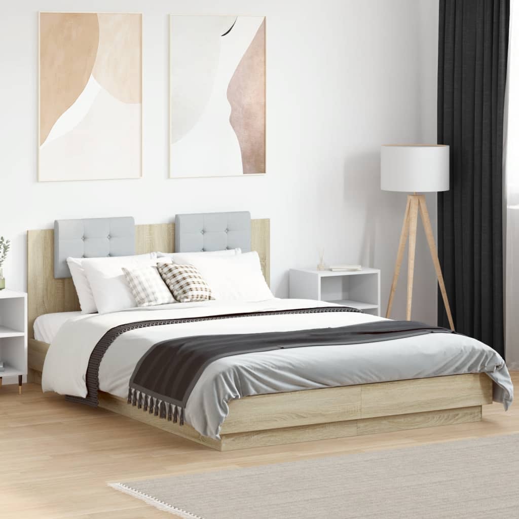 Bedframe met hoofdeinde bewerkt hout sonoma eiken 120x200 cm is nu te koop bij PeponiXL, paradijselijk wonen!