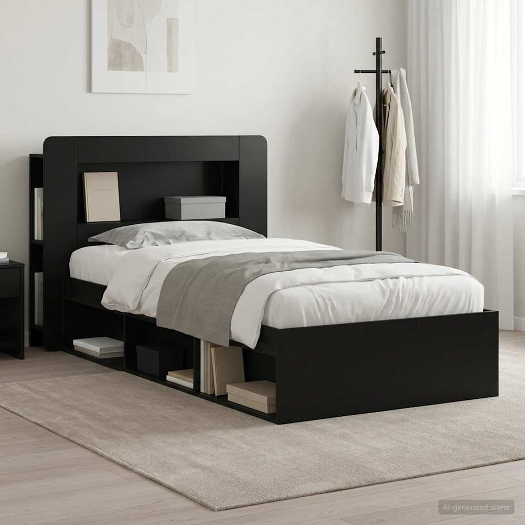 Bedframe met opslag Zwart 90 x 190 cm Bewerkt hout is nu te koop bij PeponiXL, paradijselijk wonen!