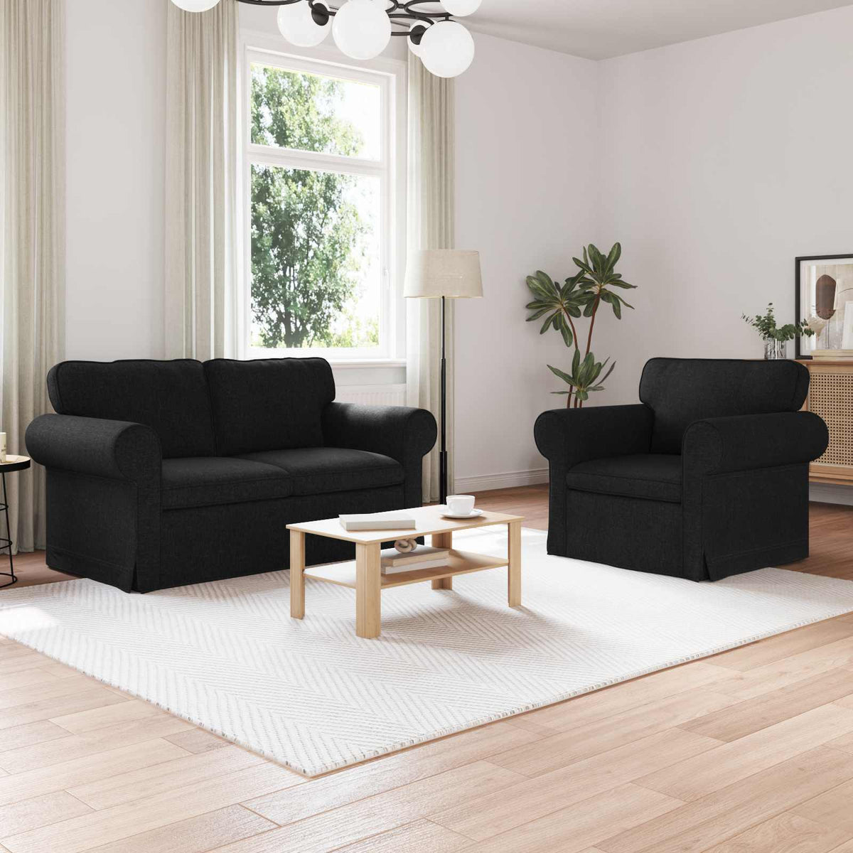 Bankstel 2 pcs Zwart 155 x 82 x 80 cm Stof is nu te koop bij PeponiXL, paradijselijk wonen!