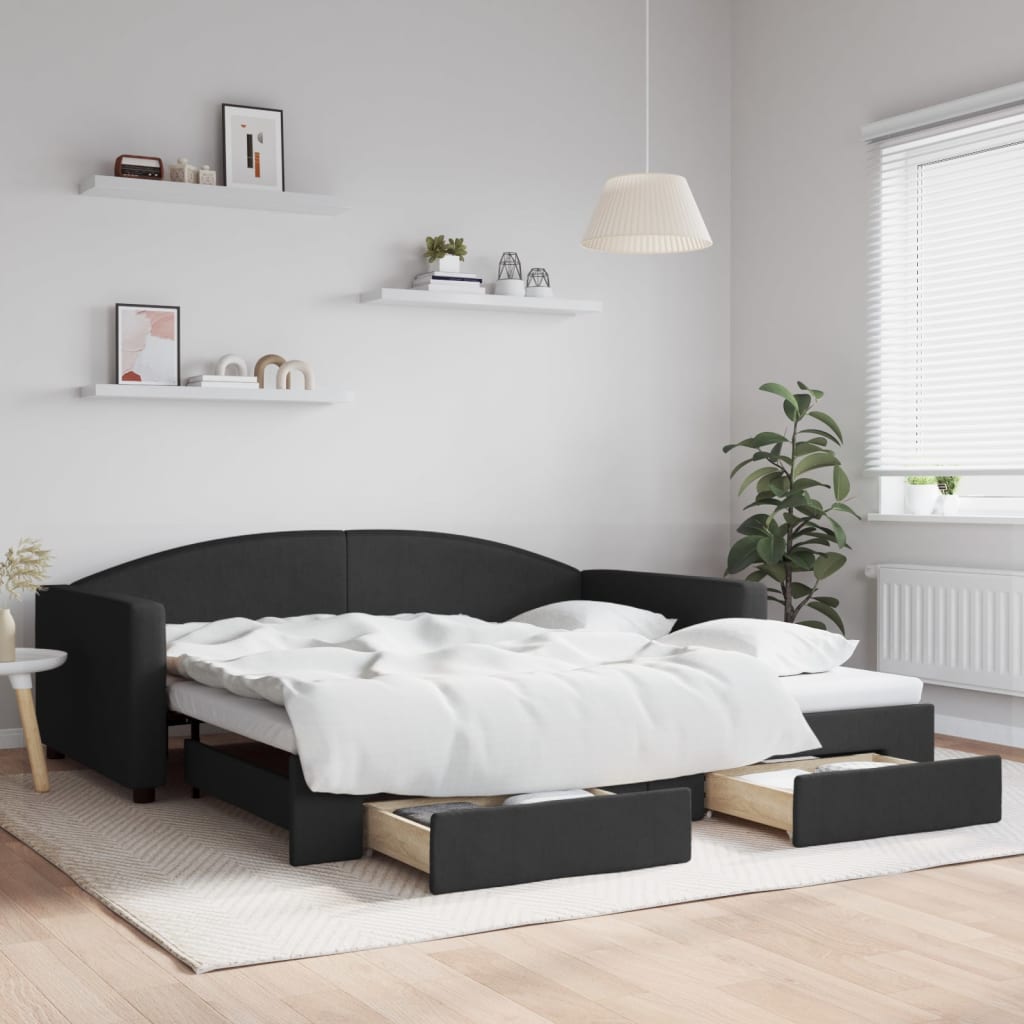 Slaapbank met onderschuifbed en lades 100x200 cm stof zwart is nu te koop bij PeponiXL, paradijselijk wonen!