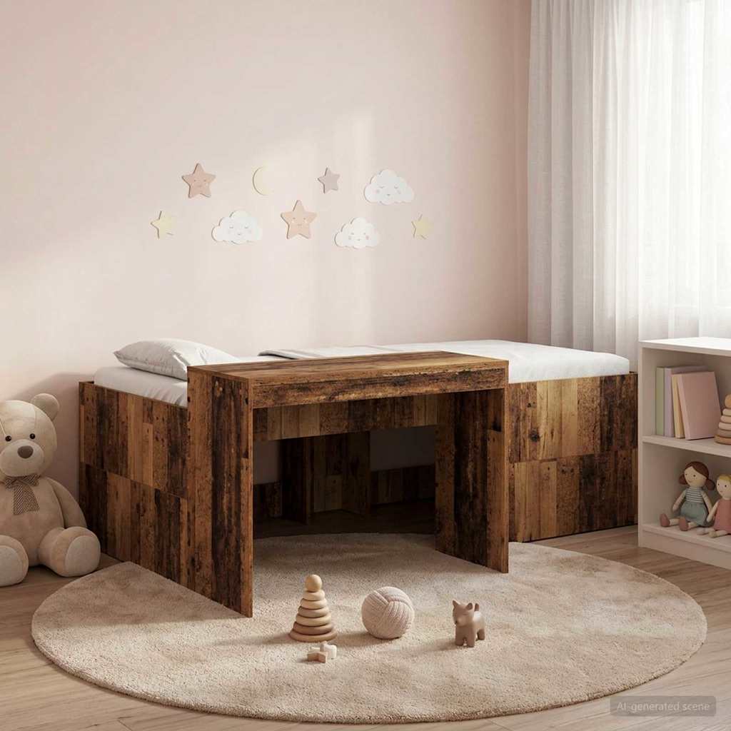 Hoge Bed Frame met Bureau voor Kinderen Oud hout 98.5 x 200 cm is nu te koop bij PeponiXL, paradijselijk wonen!