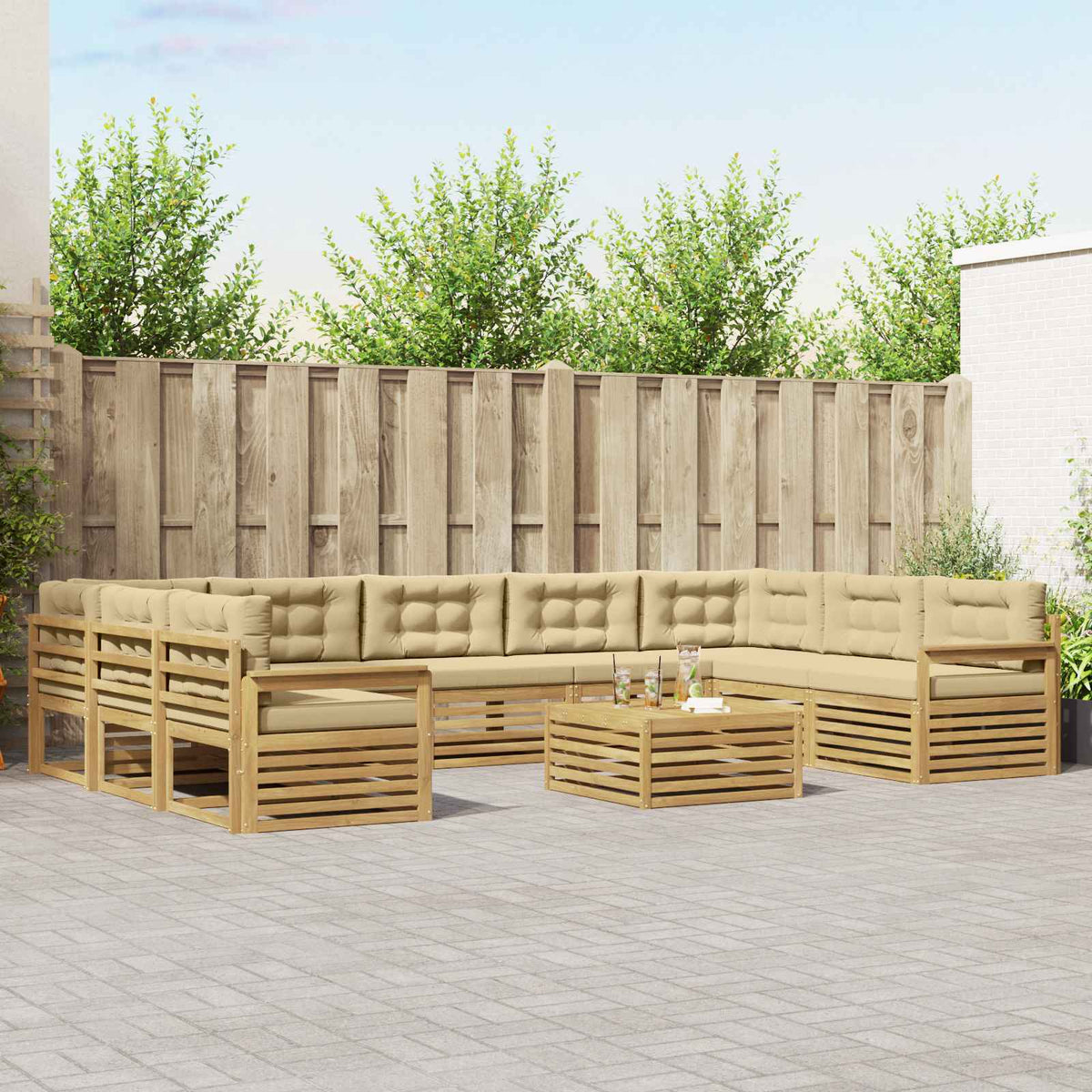 Buiten bankenset 10 pcs Wit en Beige Massief Acaciahout is nu te koop bij PeponiXL, paradijselijk wonen!