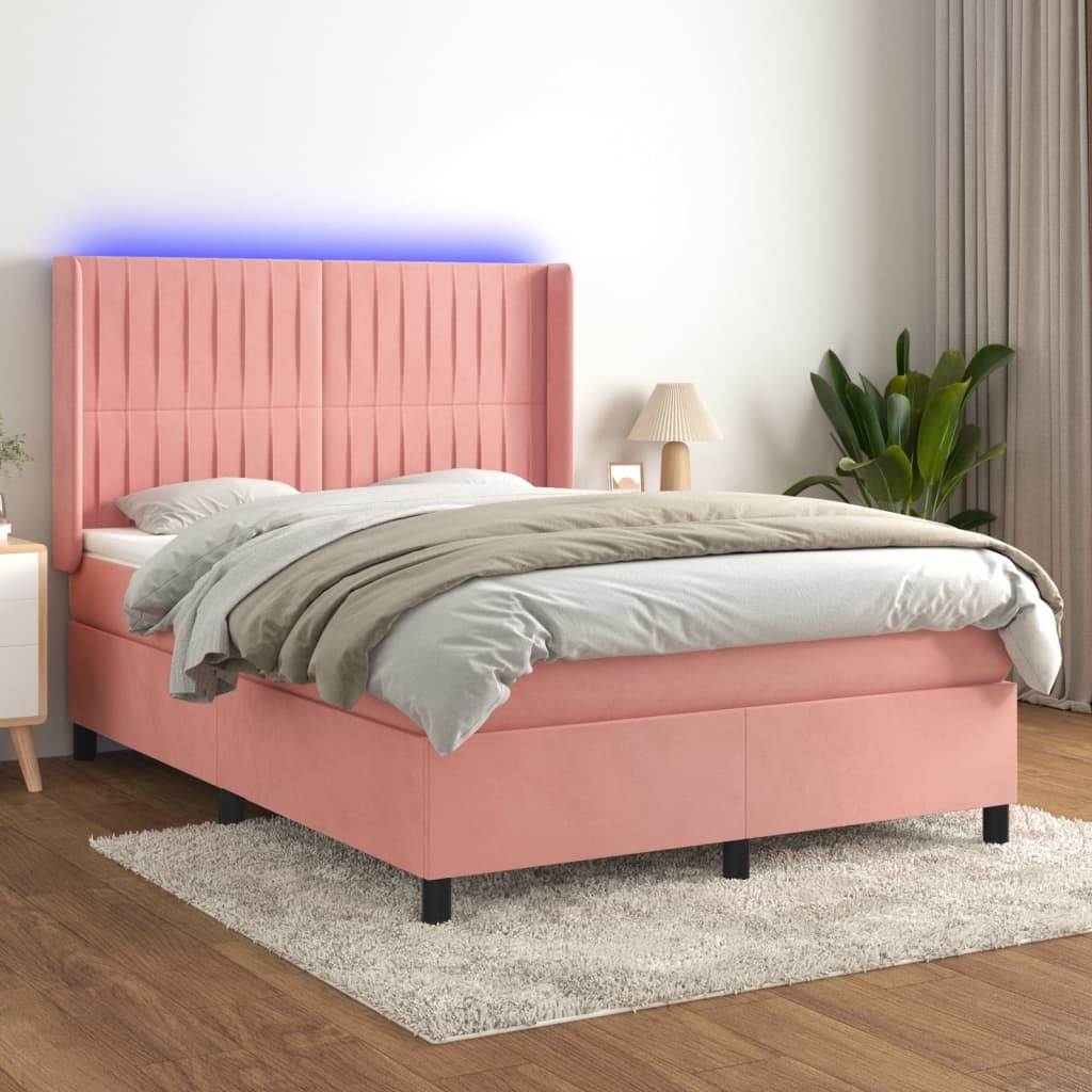 Boxspring met matras en LED fluweel roze 140x190 cm is nu te koop bij PeponiXL, paradijselijk wonen!