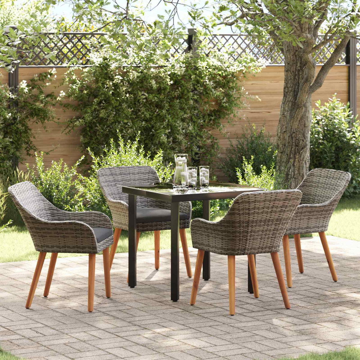 Tuin eettafelset met kussen 5 pcs Grijs poly rattan is nu te koop bij PeponiXL, paradijselijk wonen!