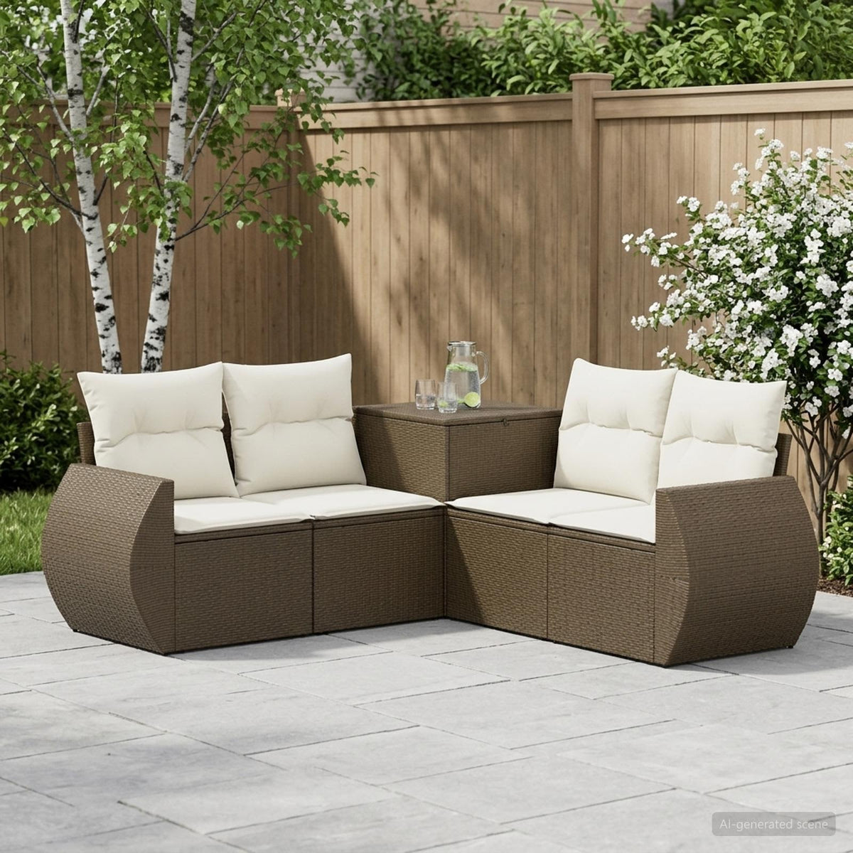 Bankstel 5 st Bruin en Crème Wit Poly Rattan en Staal is nu te koop bij PeponiXL, paradijselijk wonen!