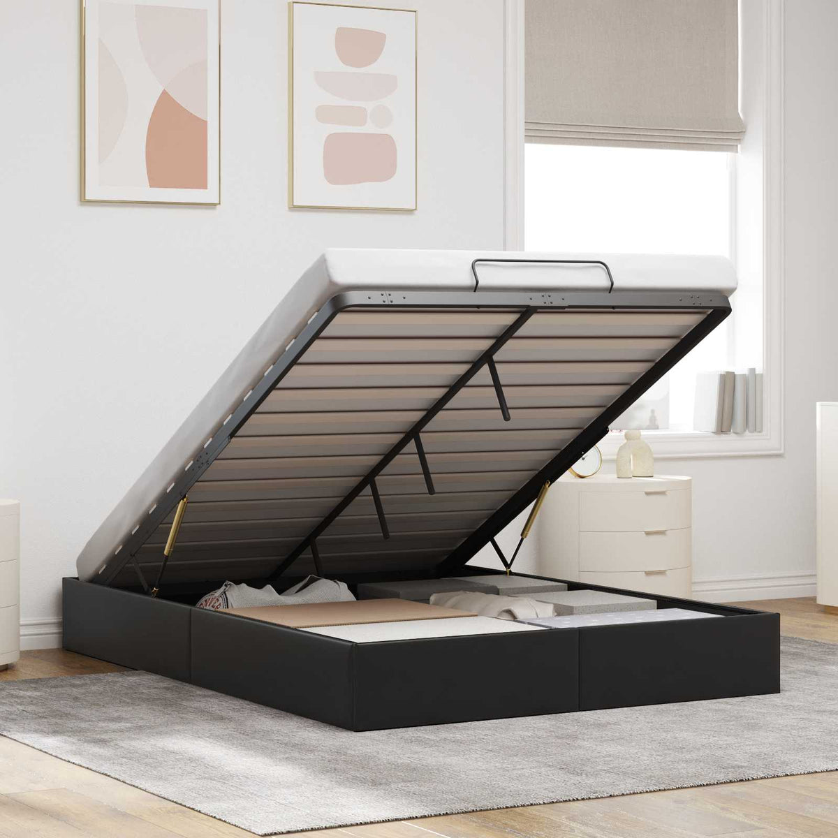 Ottoman Bedframe Zwart 153 x 203 cm Kunstleer is nu te koop bij PeponiXL, paradijselijk wonen!