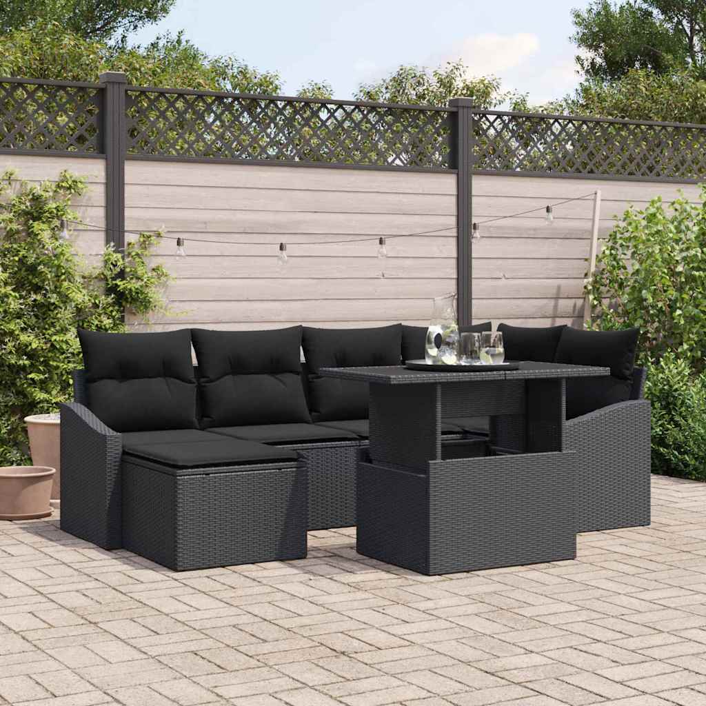 Tuin Sofa Set 7 pcs Zwart Poly rattan en gepoedercoat staal is nu te koop bij PeponiXL, paradijselijk wonen!