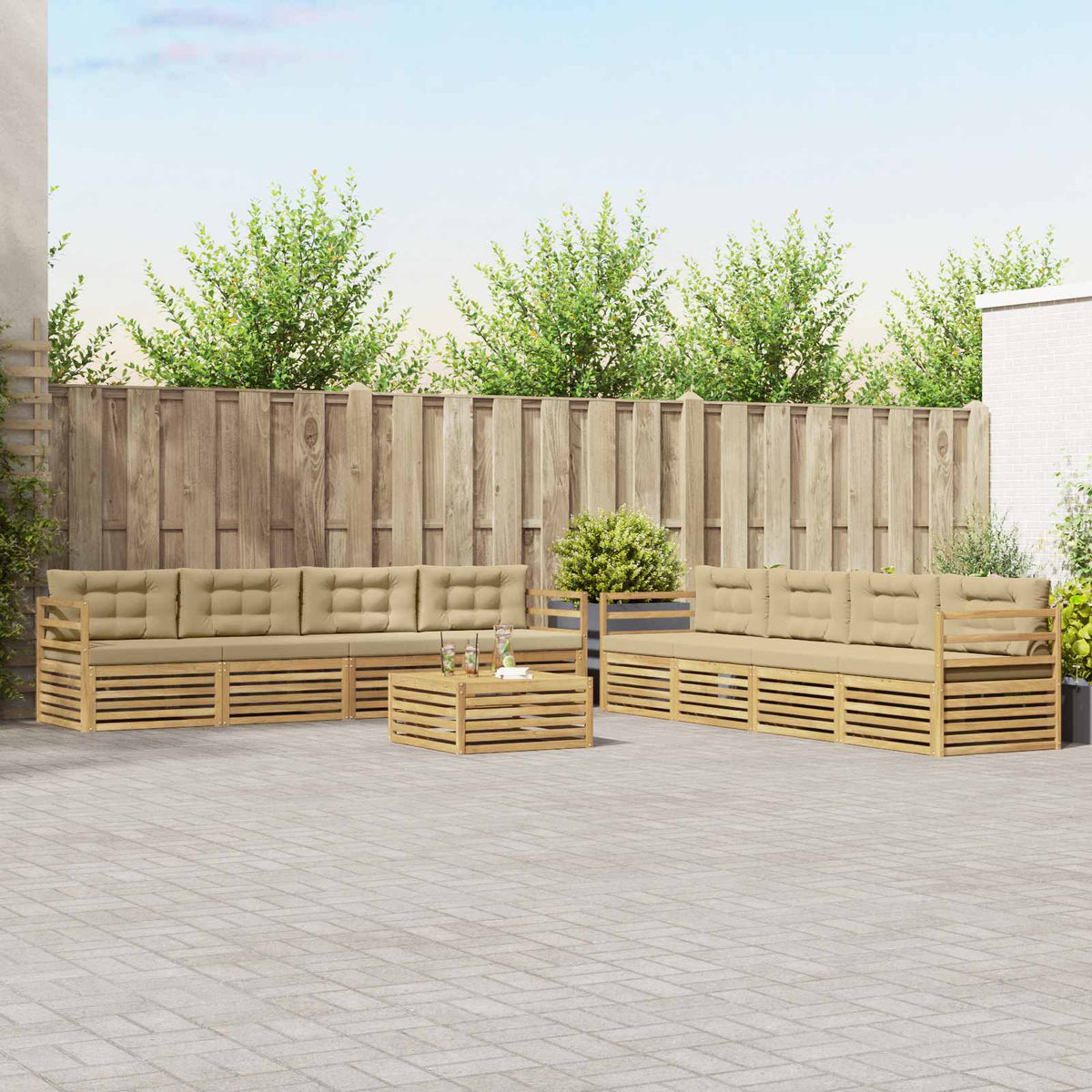 Buiten bankenset met kussen 9 pcs Wit en Beige Polyester is nu te koop bij PeponiXL, paradijselijk wonen!