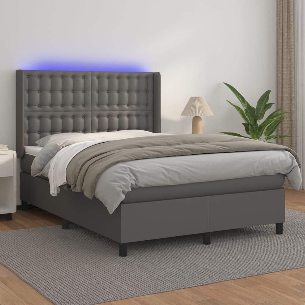 Boxspring met matras en LED kunstleer grijs 140x190 cm is nu te koop bij PeponiXL, paradijselijk wonen!
