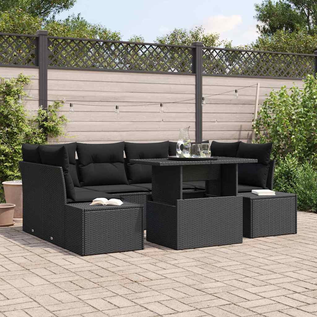 Bankstel met kussen 7 pcs Zwart poly rattan is nu te koop bij PeponiXL, paradijselijk wonen!