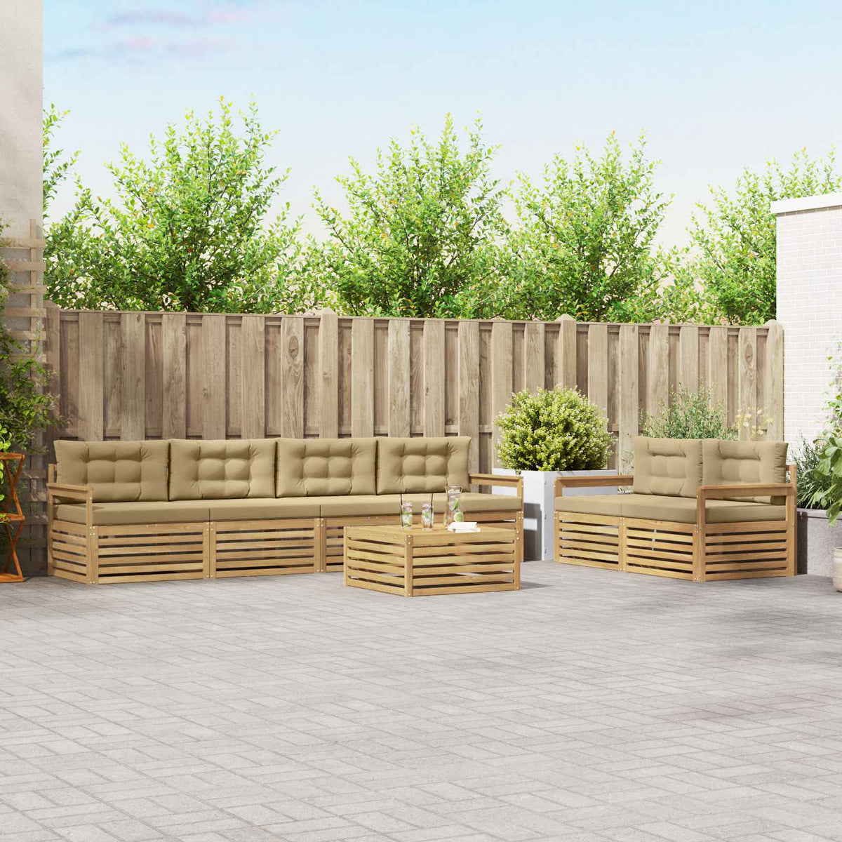 Buiten bankenset met kussen 7 pcs Wit en Beige Polyester is nu te koop bij PeponiXL, paradijselijk wonen!