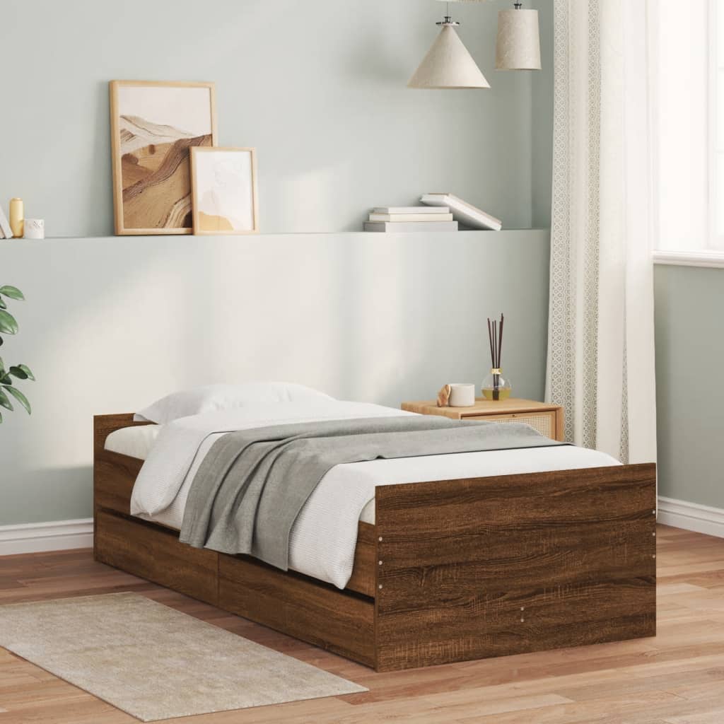 Bedframe met lades bruin eikenkleur 75x190 cm Small Single is nu te koop bij PeponiXL, paradijselijk wonen!