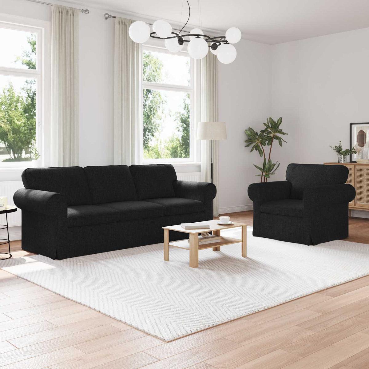 Bankstel 2 pcs Zwart 215 x 82 x 80 cm Stof is nu te koop bij PeponiXL, paradijselijk wonen!