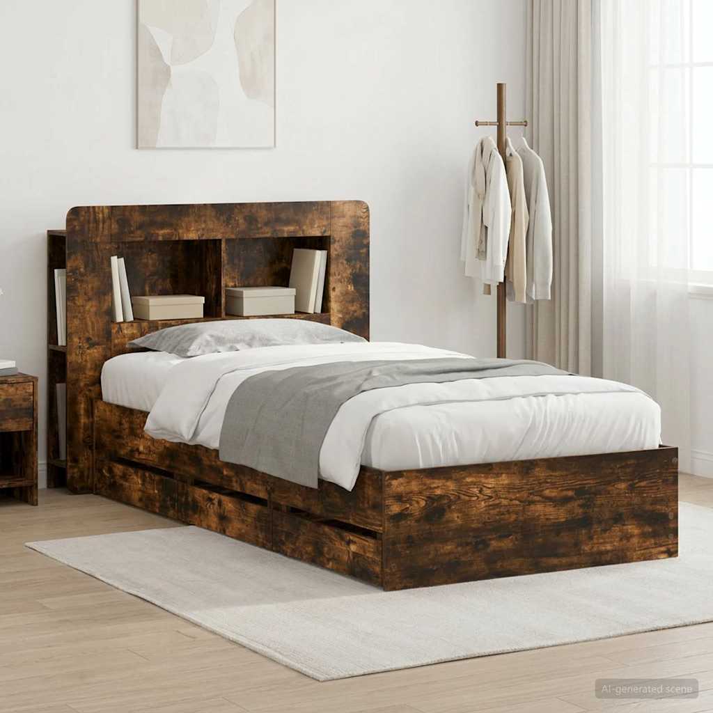 Bedframe met opslag Gerookt eiken 75 x 190 cm Bewerkt hout is nu te koop bij PeponiXL, paradijselijk wonen!