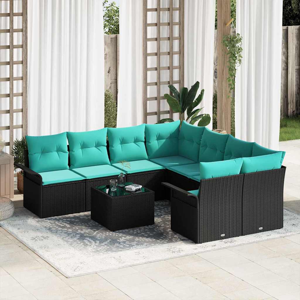 Tuin Sofa Set met kussen 9 pcs Zwart en Turquoise poly rattan is nu te koop bij PeponiXL, paradijselijk wonen!