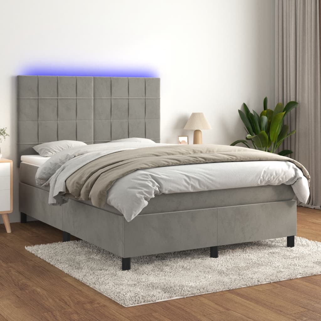 Boxspring met matras en LED fluweel lichtgrijs 140x200 cm is nu te koop bij PeponiXL, paradijselijk wonen!