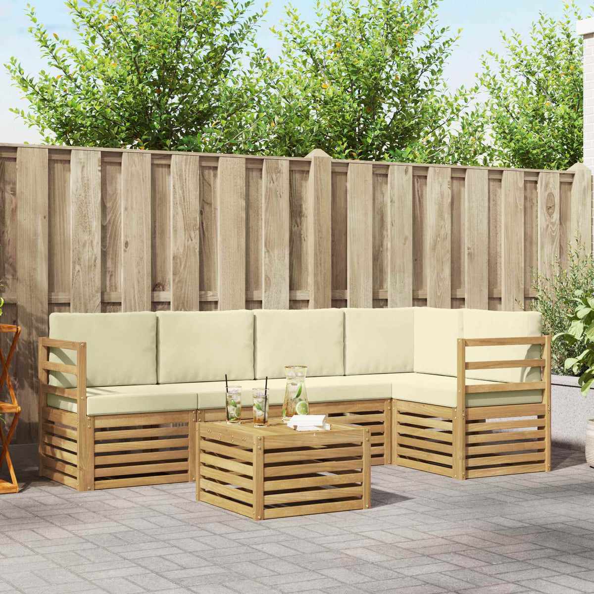 Hoekbank Set 6 pcs Wit en crèmekleurig Massief Acaciahout is nu te koop bij PeponiXL, paradijselijk wonen!