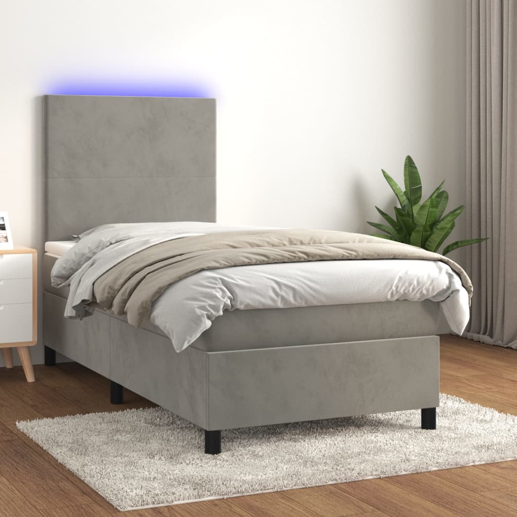 Boxspring met matras en LED fluweel lichtgrijs 90x200 cm is nu te koop bij PeponiXL, paradijselijk wonen!