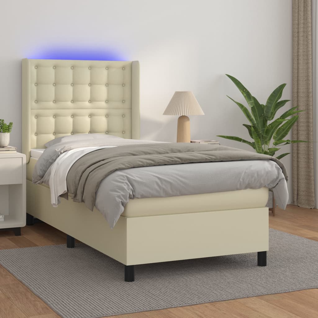 Boxspring met matras en LED kunstleer crèmekleurig 90x190 cm is nu te koop bij PeponiXL, paradijselijk wonen!