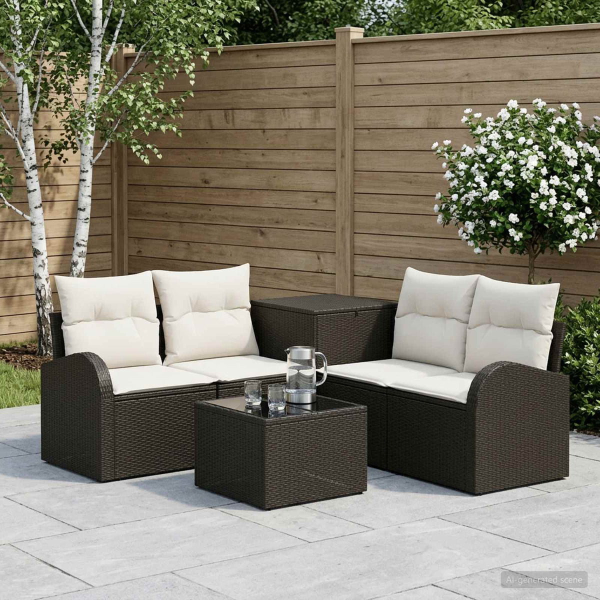 Bankstel 6 st Zwart en Cream Wit Poly Rattan en Staal is nu te koop bij PeponiXL, paradijselijk wonen!