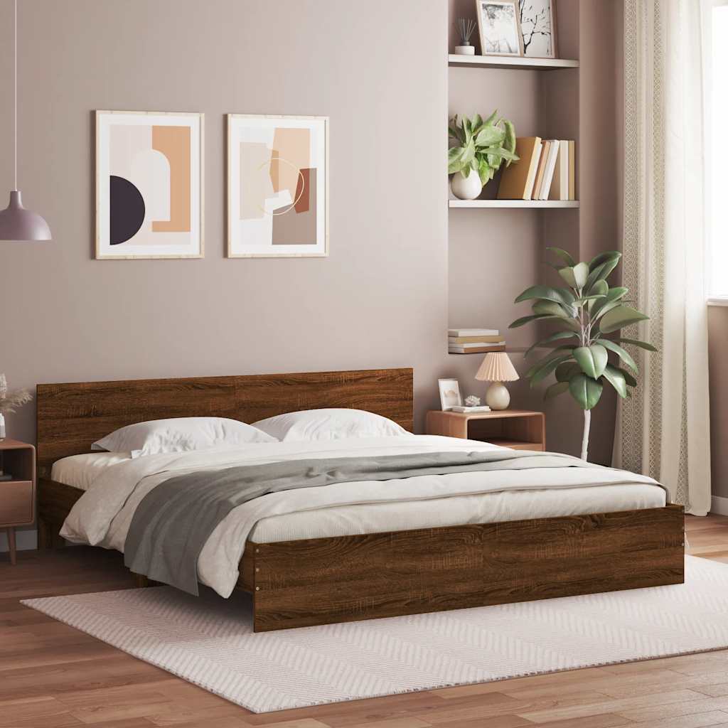 Bedframe met hoofdeinde bruin eikenkleur 200x200 cm is nu te koop bij PeponiXL, paradijselijk wonen!