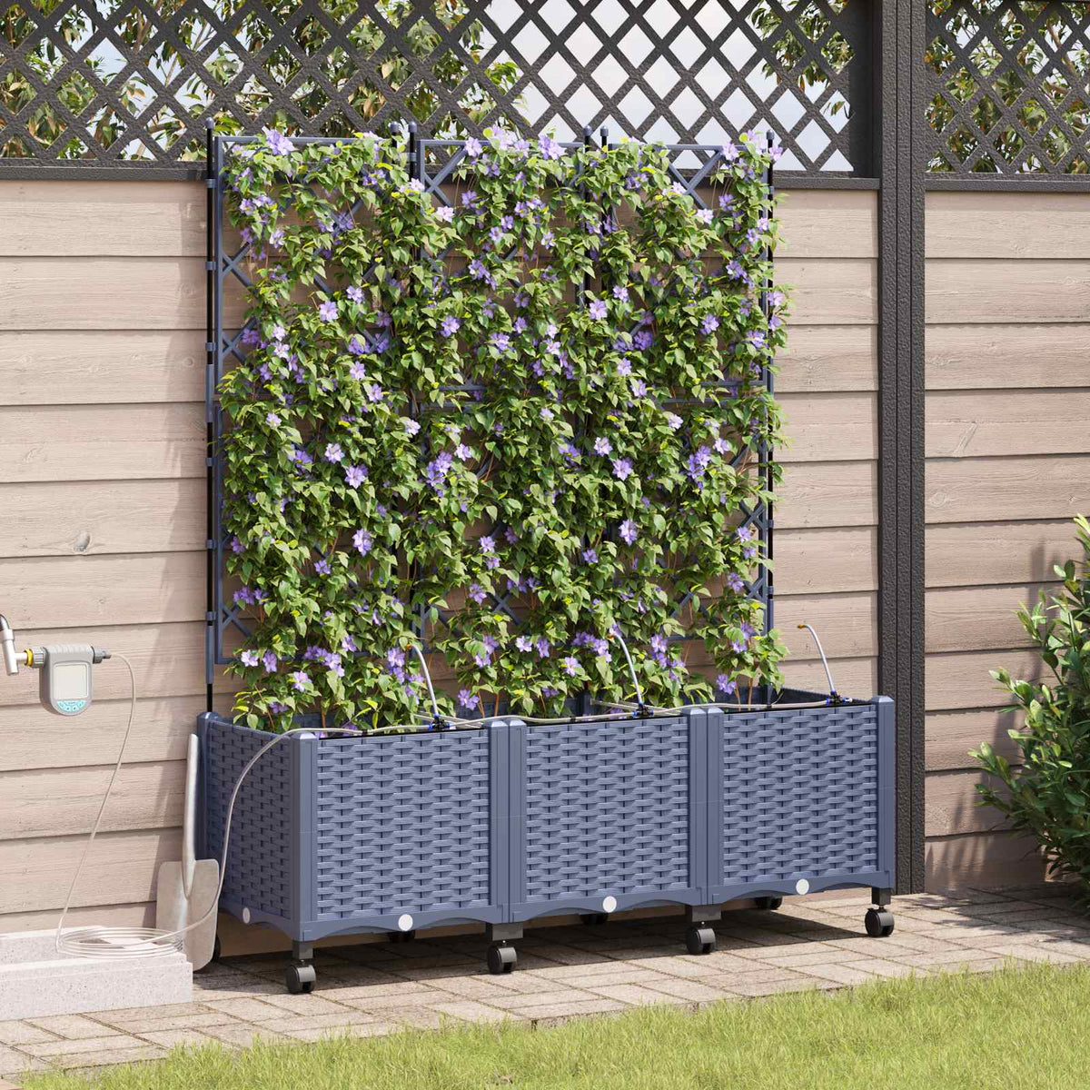 Tuin Pot met Irrigatie en Wielen 3 st Grijs 120 x 40 x 148 cm is nu te koop bij PeponiXL, paradijselijk wonen!