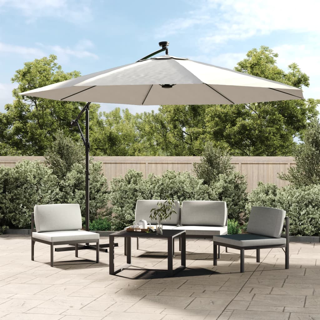 Zweefparasol met LED-verlichting en metalen paal 350 cm zand is nu te koop bij PeponiXL, paradijselijk wonen!