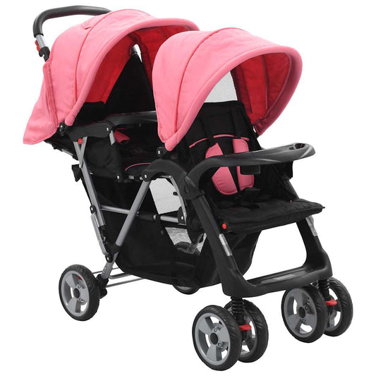 Kinderwagen dubbel staal roze en zwart is nu te koop bij PeponiXL, paradijselijk wonen!