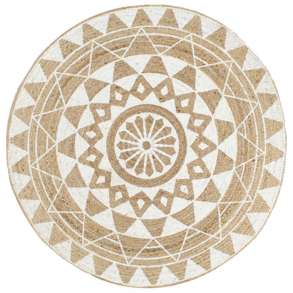 Vloerkleed handgemaakt met witte print 90 cm jute is nu te koop bij PeponiXL, paradijselijk wonen!