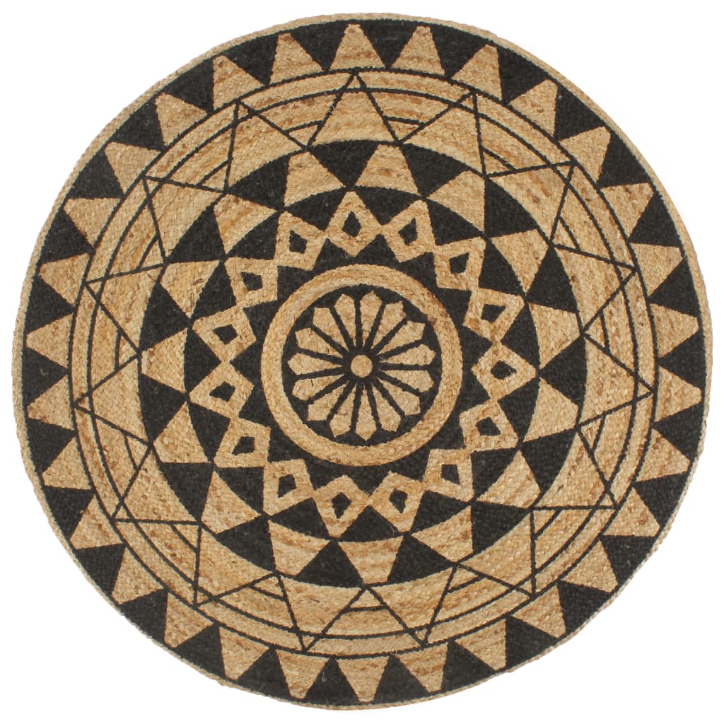 Vloerkleed handgemaakt met zwarte print 90 cm jute is nu te koop bij PeponiXL, paradijselijk wonen!