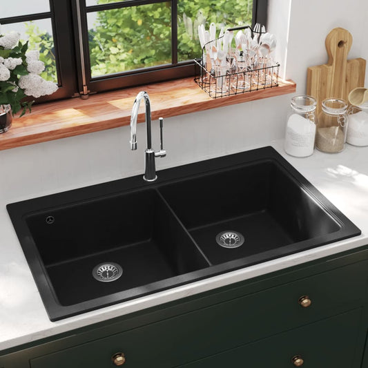 Spoelbak opbouw graniet dubbele bak zwart is nu te koop bij PeponiXL, paradijselijk wonen!