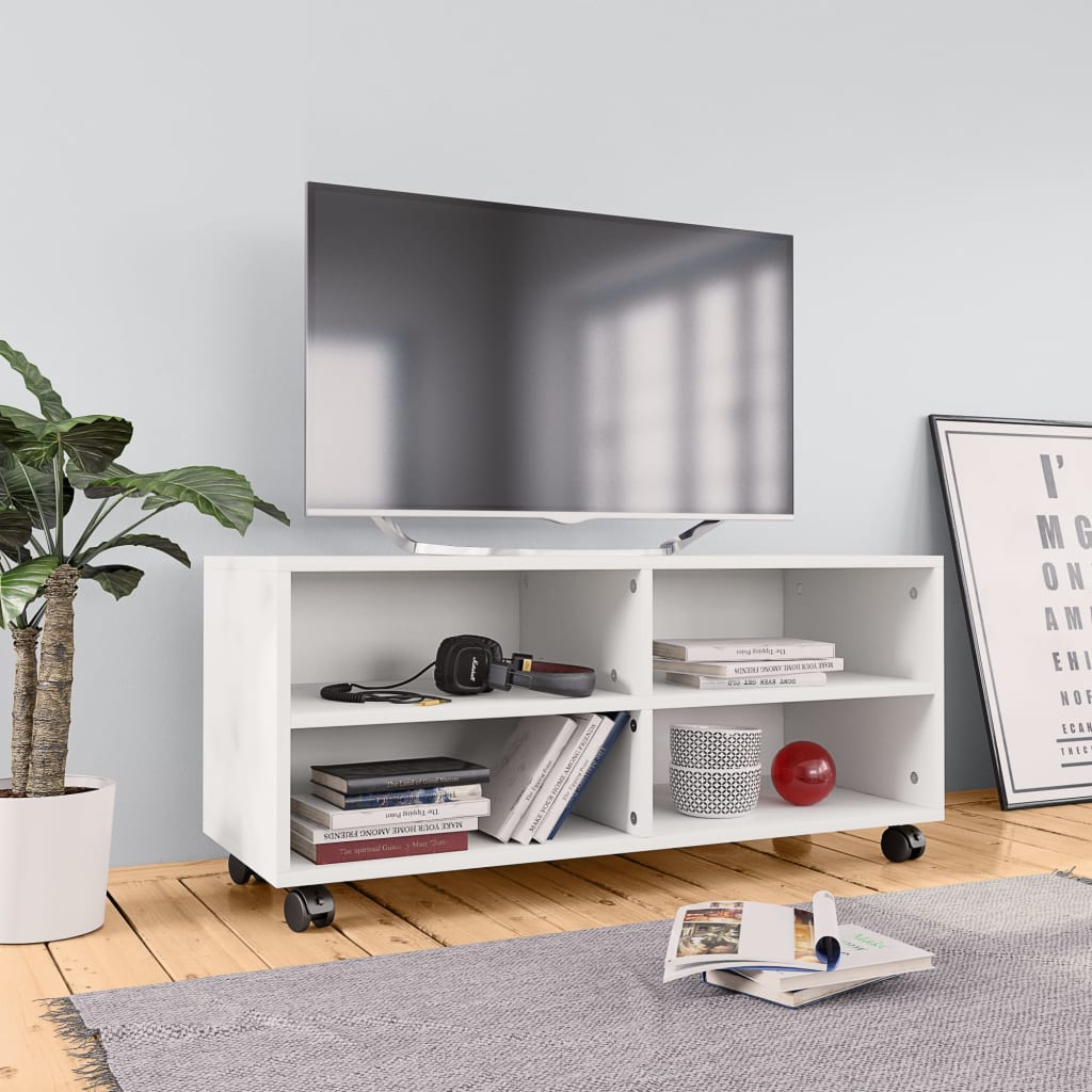 Tv-meubel met wieltjes 90x35x35 cm bewerkt hout wit is nu te koop bij PeponiXL, paradijselijk wonen!