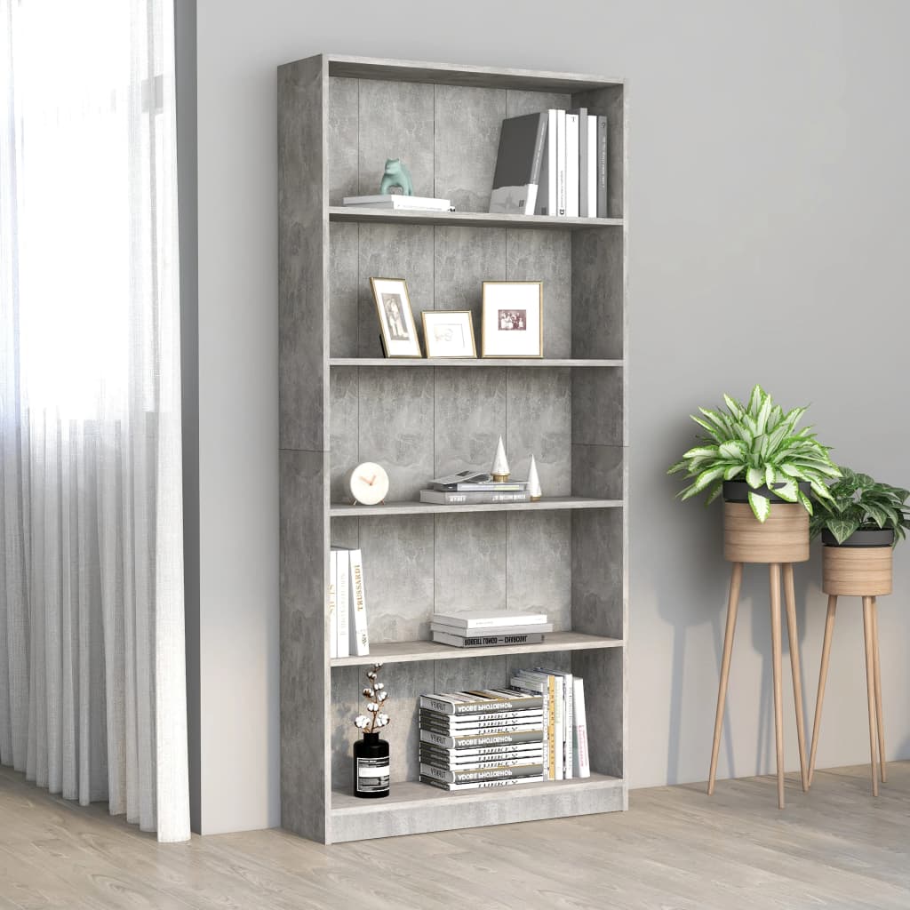 Boekenkast met 5 schappen 80x24x175 cm bewerkt hout betongrijs is nu te koop bij PeponiXL, paradijselijk wonen!