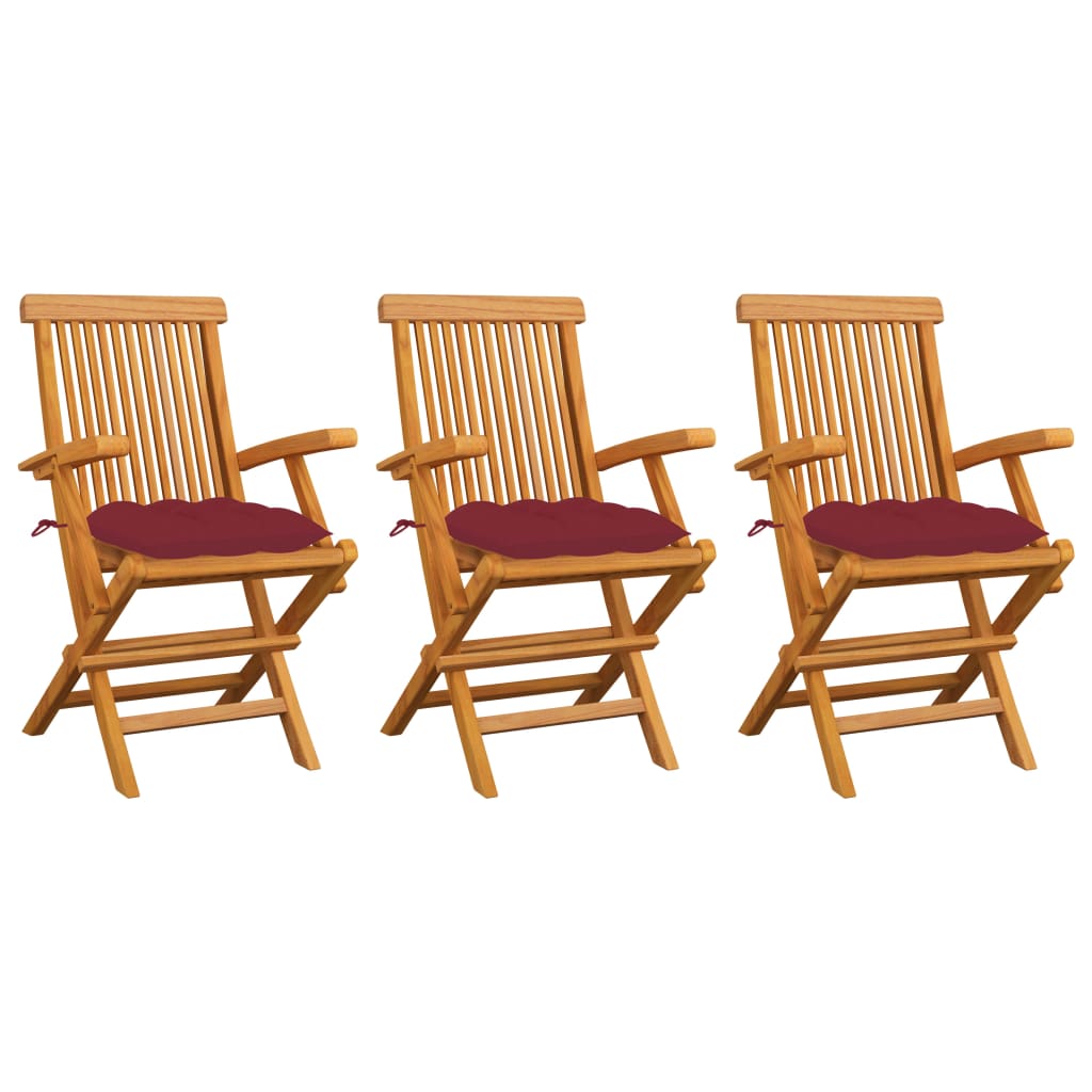 Tuinstoelen 3 st met wijnrode kussens massief teakhout is nu te koop bij PeponiXL, paradijselijk wonen!