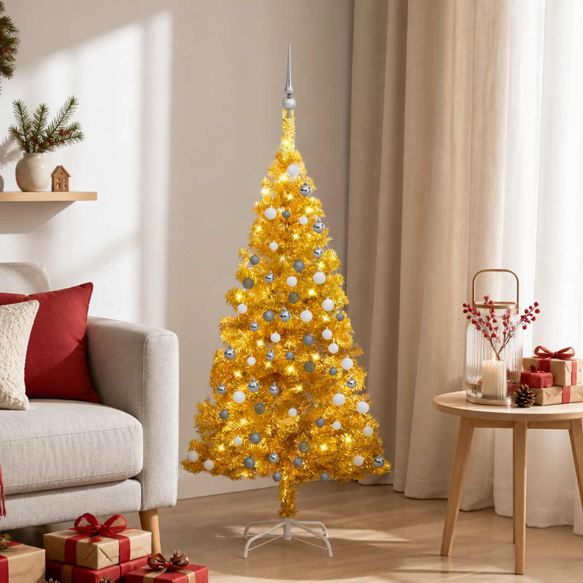 Kunstkerstboom met verlichting en kerstballen 120 cm PET goud is nu te koop bij PeponiXL, paradijselijk wonen!