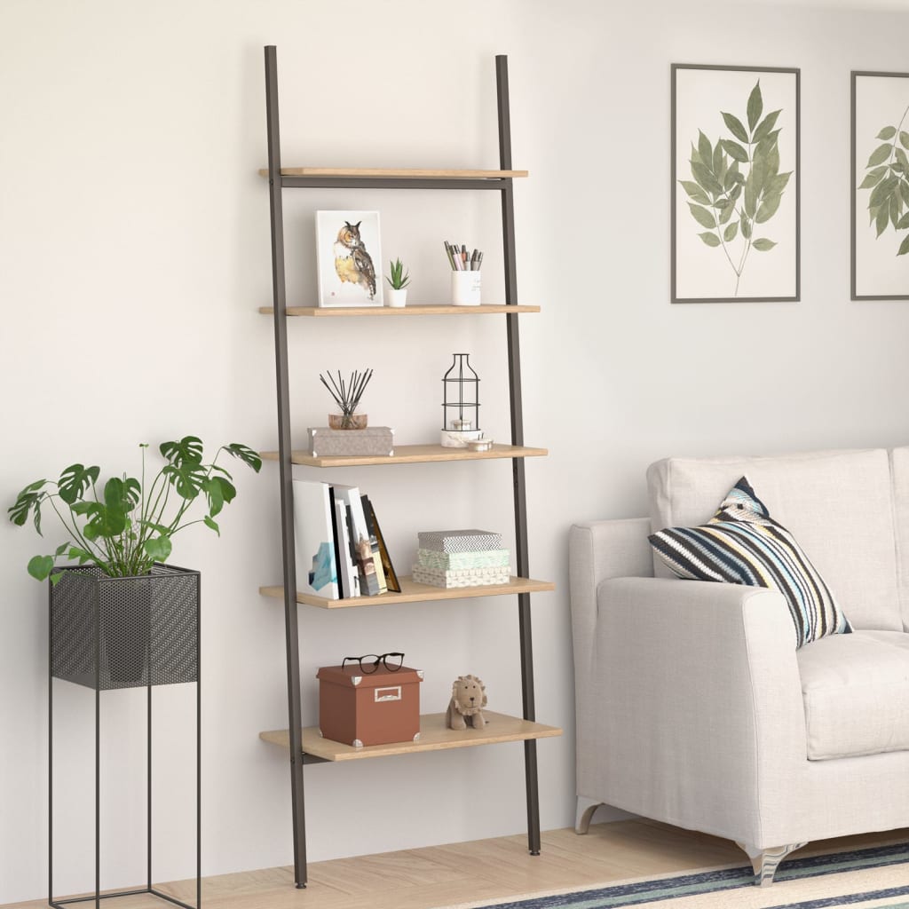 Ladderrek met 5 schappen 64x34x185,5 cm lichtbruin en zwart is nu te koop bij PeponiXL, paradijselijk wonen!