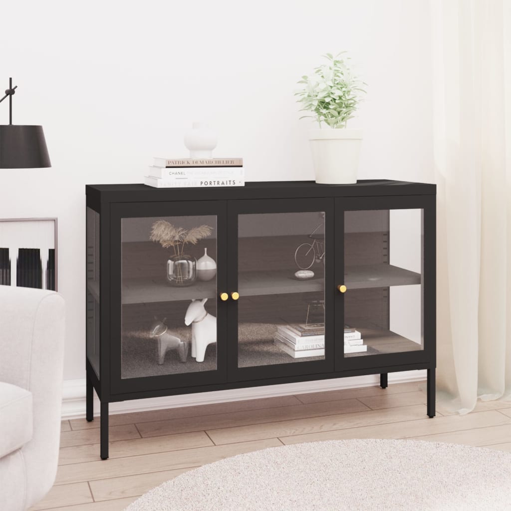 Dressoir 105x35x70 cm staal en glas zwart is nu te koop bij PeponiXL, paradijselijk wonen!