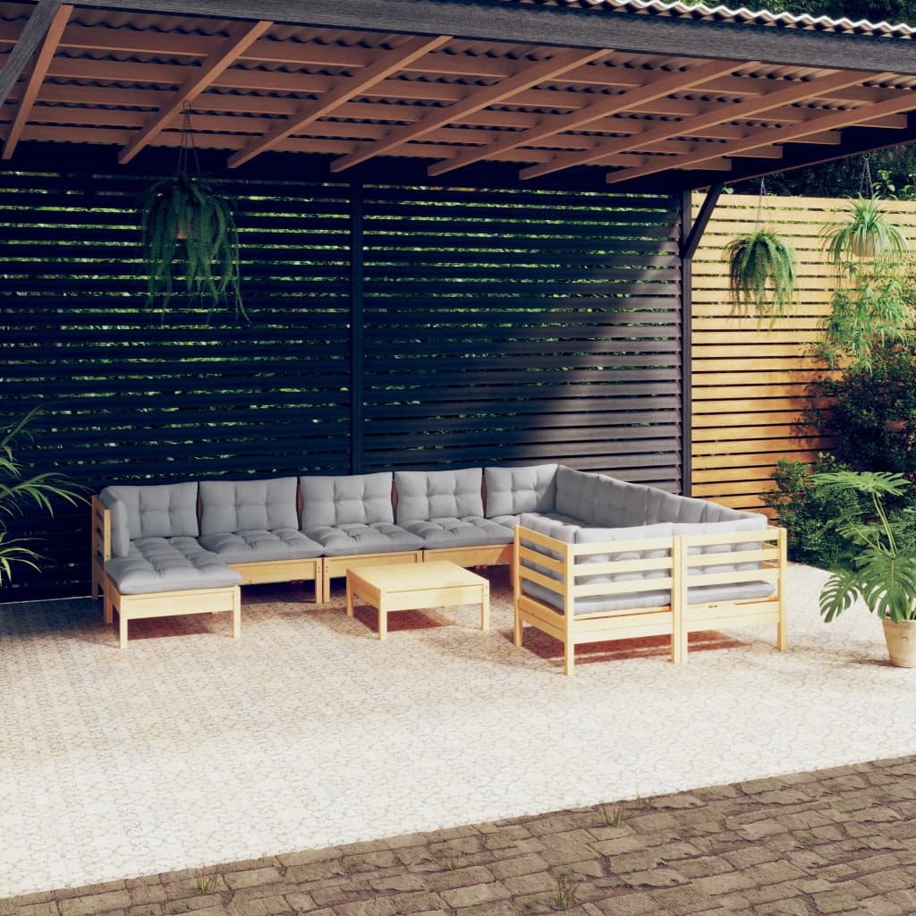 11-delige Loungeset met grijze kussens grenenhout is nu te koop bij PeponiXL, paradijselijk wonen!