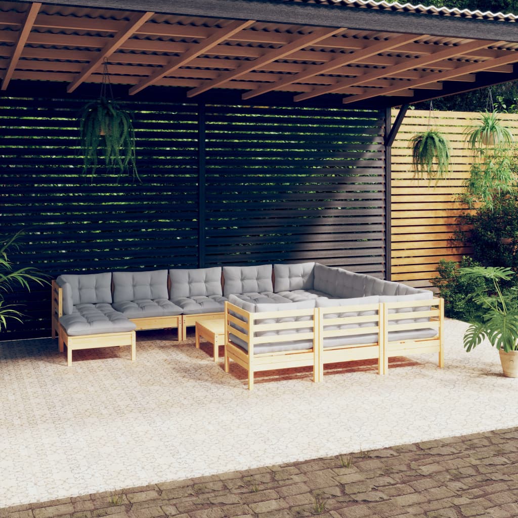 12-delige Loungeset met grijze kussens grenenhout is nu te koop bij PeponiXL, paradijselijk wonen!