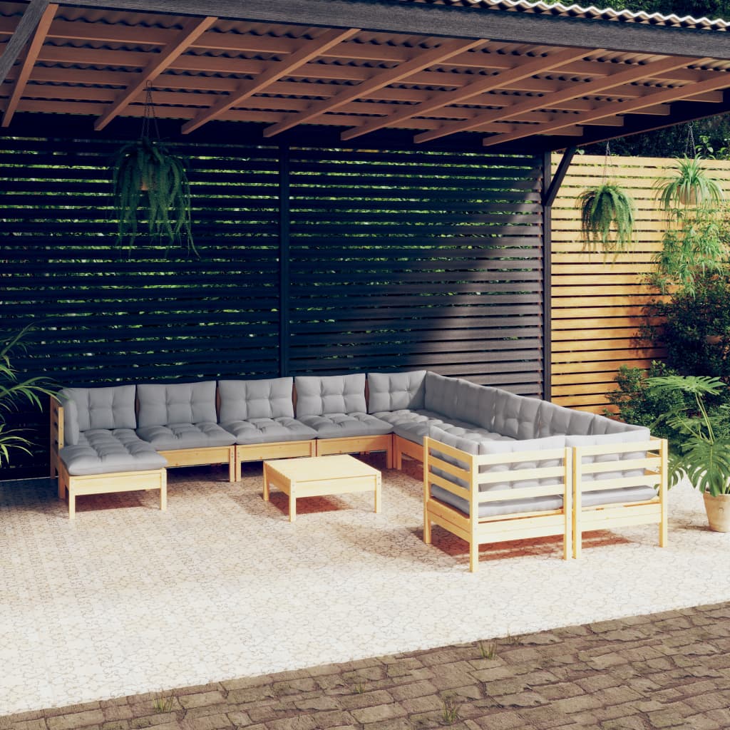 12-delige Loungeset met grijze kussens grenenhout is nu te koop bij PeponiXL, paradijselijk wonen!