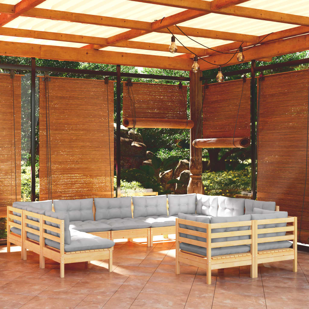 11-delige Loungeset met grijze kussens massief grenenhout is nu te koop bij PeponiXL, paradijselijk wonen!