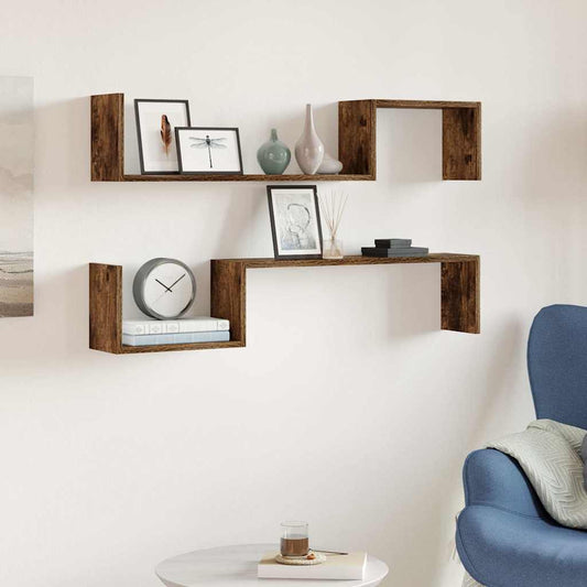 Wandschappen 2 st 100x15x20 cm bewerkt hout gerookt eikenkleur is nu te koop bij PeponiXL, paradijselijk wonen!