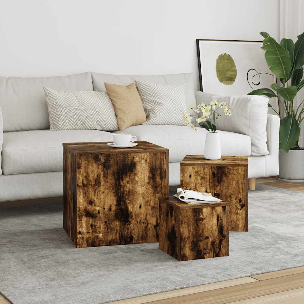 Bijzettafels 3 st bewerkt hout gerookt eikenkleurig is nu te koop bij PeponiXL, paradijselijk wonen!